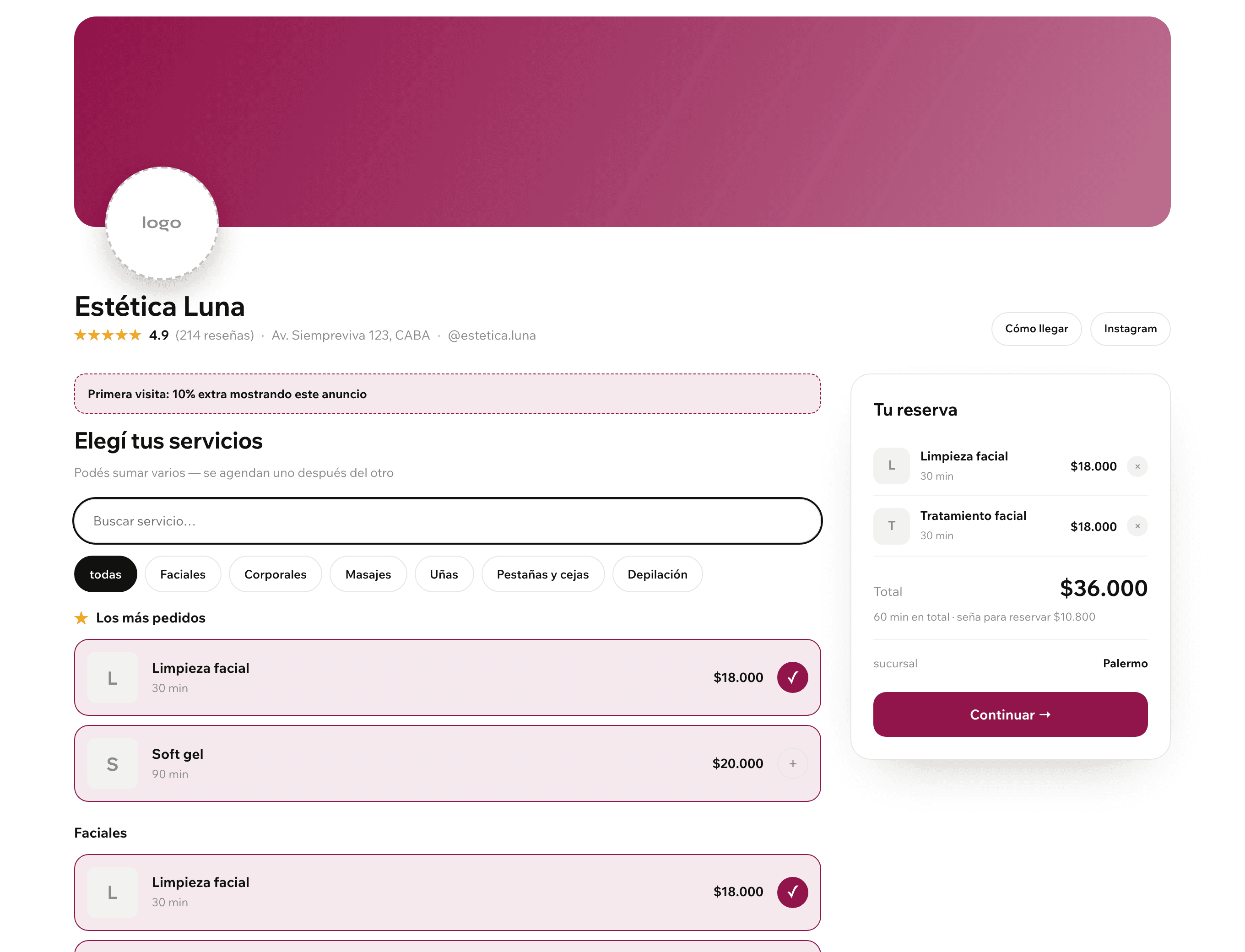 Página pública de reservas de Shinbuk con la lista de servicios por categoría y el resumen de la reserva