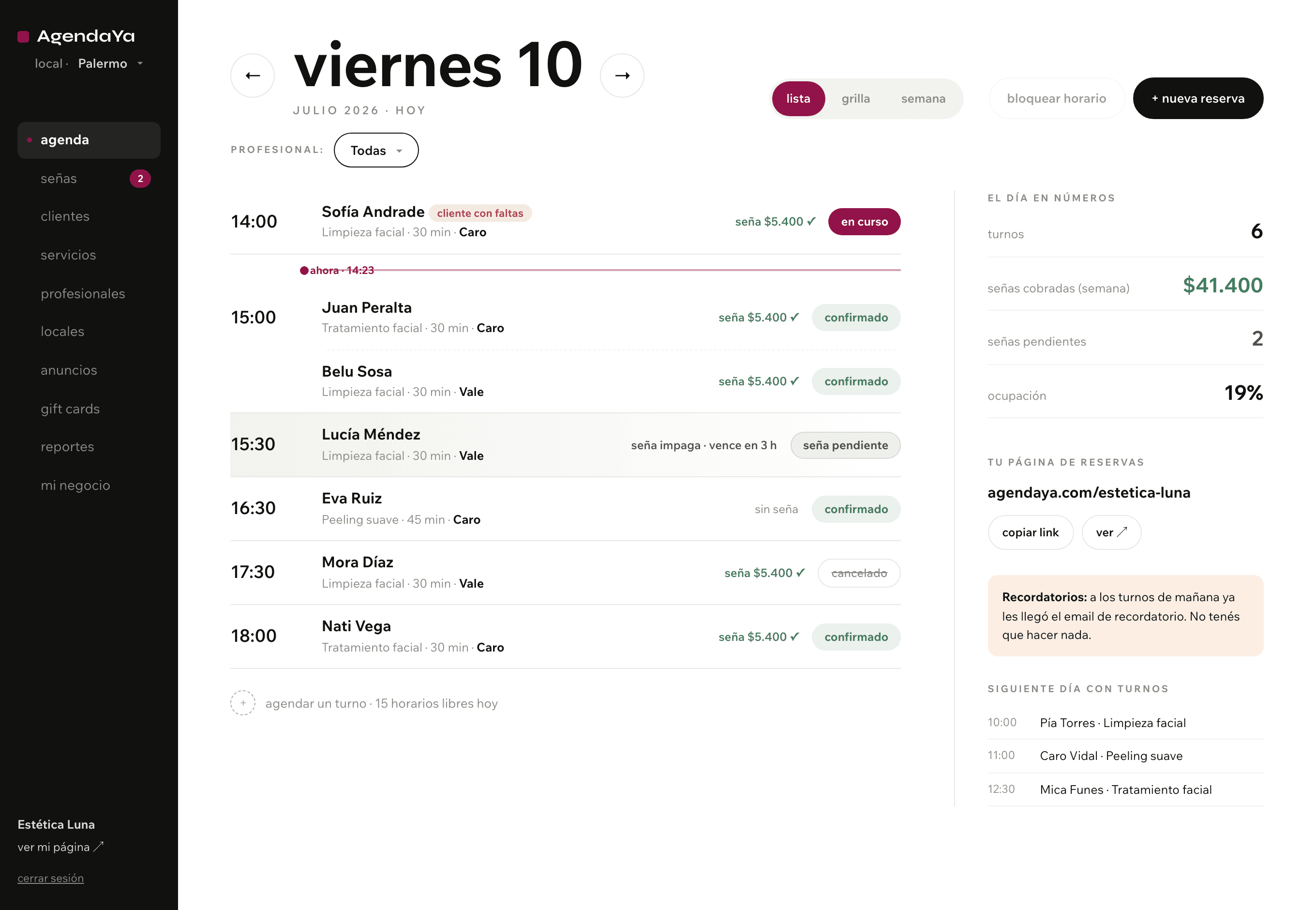 Panel de agenda de Shinbuk con los turnos del día, el estado de cada reserva y las señas cobradas